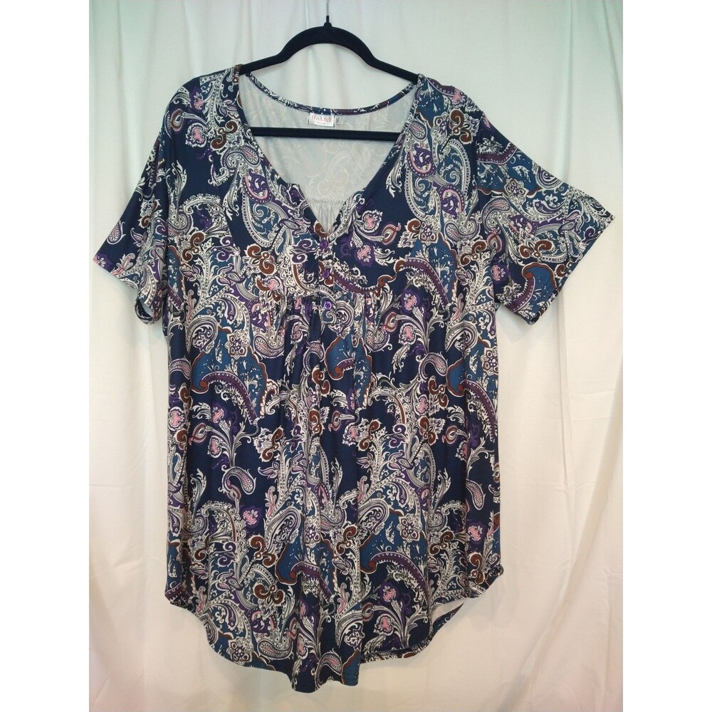 HaLife Pullover Top Plus Size 3X Henley buttons Short Sleeves Navy pink purple